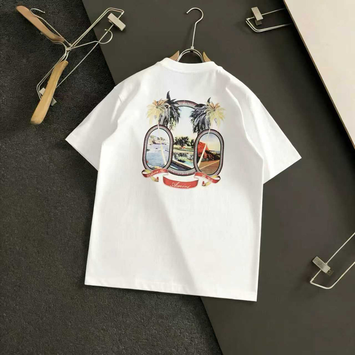 Amiri Tropical Beach Badge Graphic Crew‑Neck Short‑Sleeve T‑Shirt