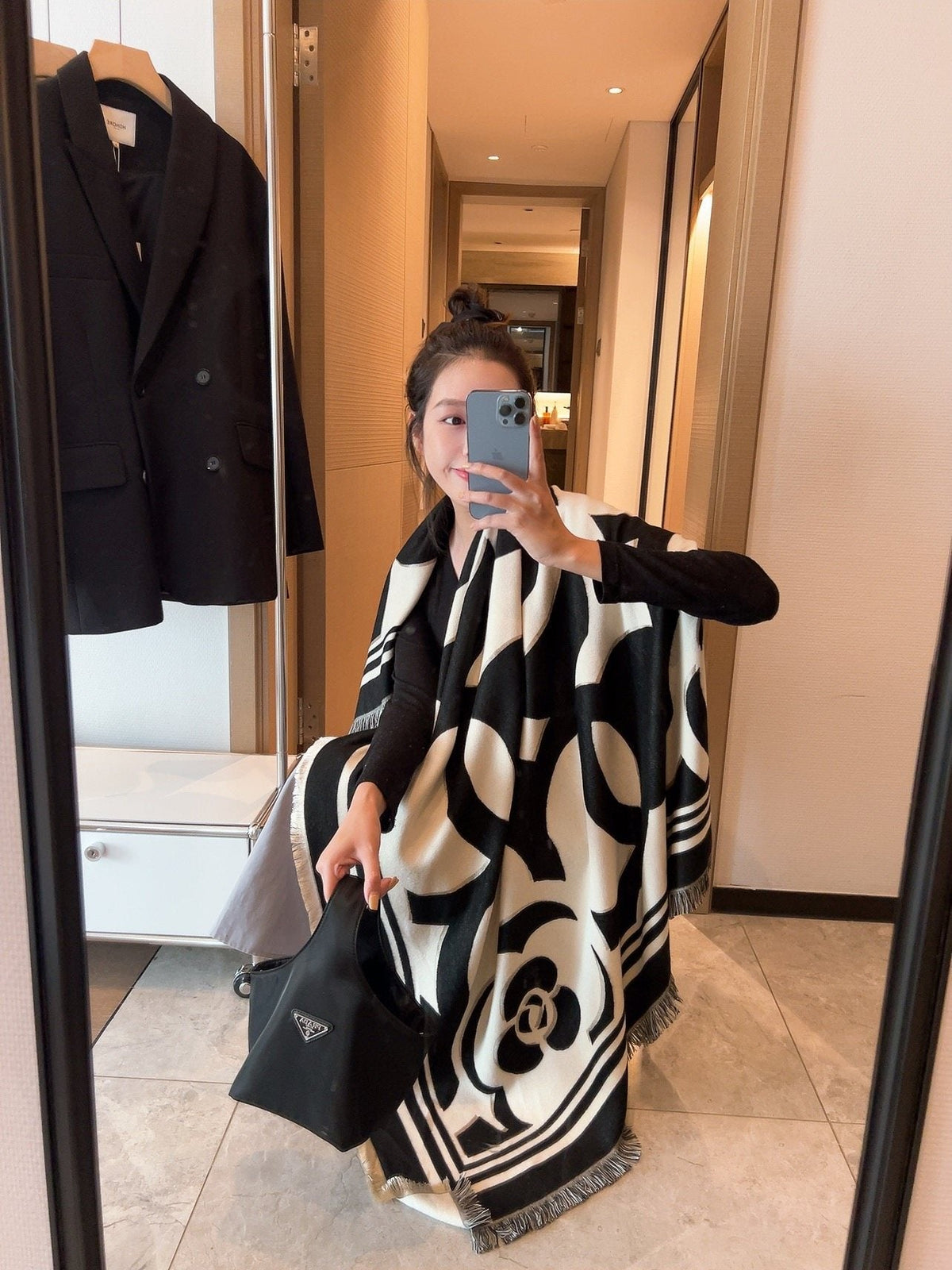 Chanel Black & Ivory Floral Scarf