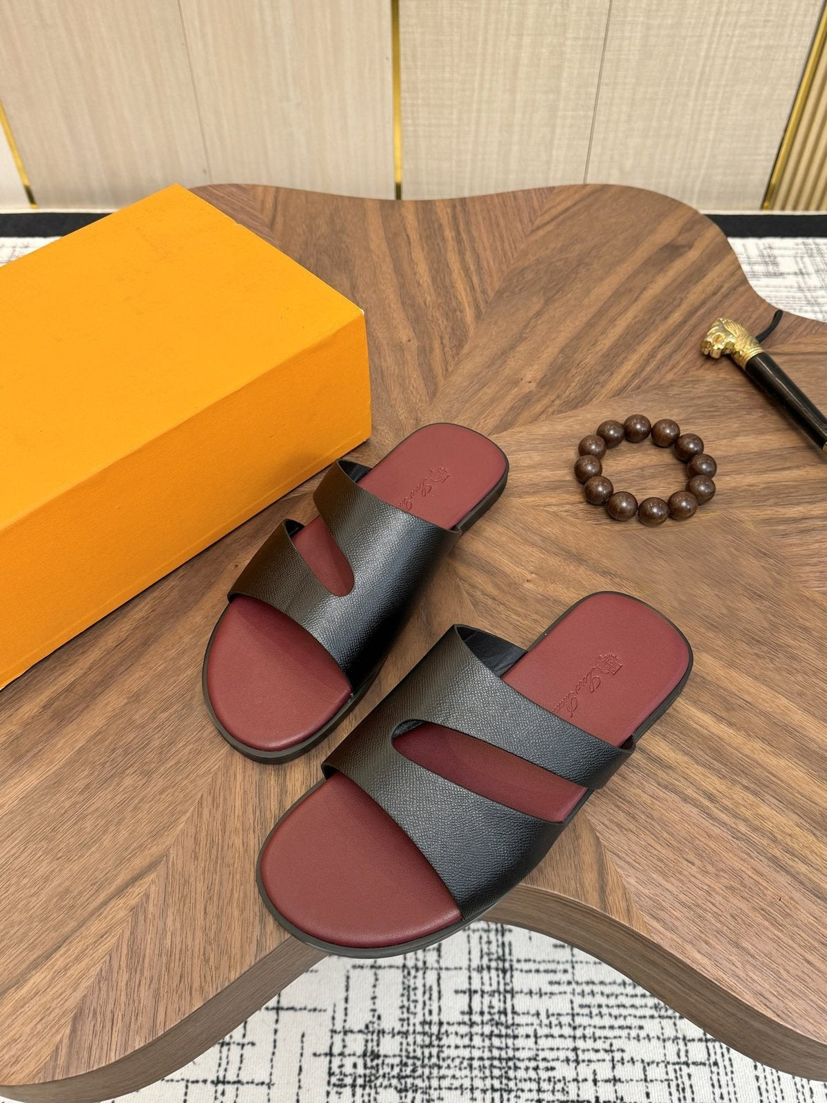 Loro Piana Black and Burgundy Slide Sandals