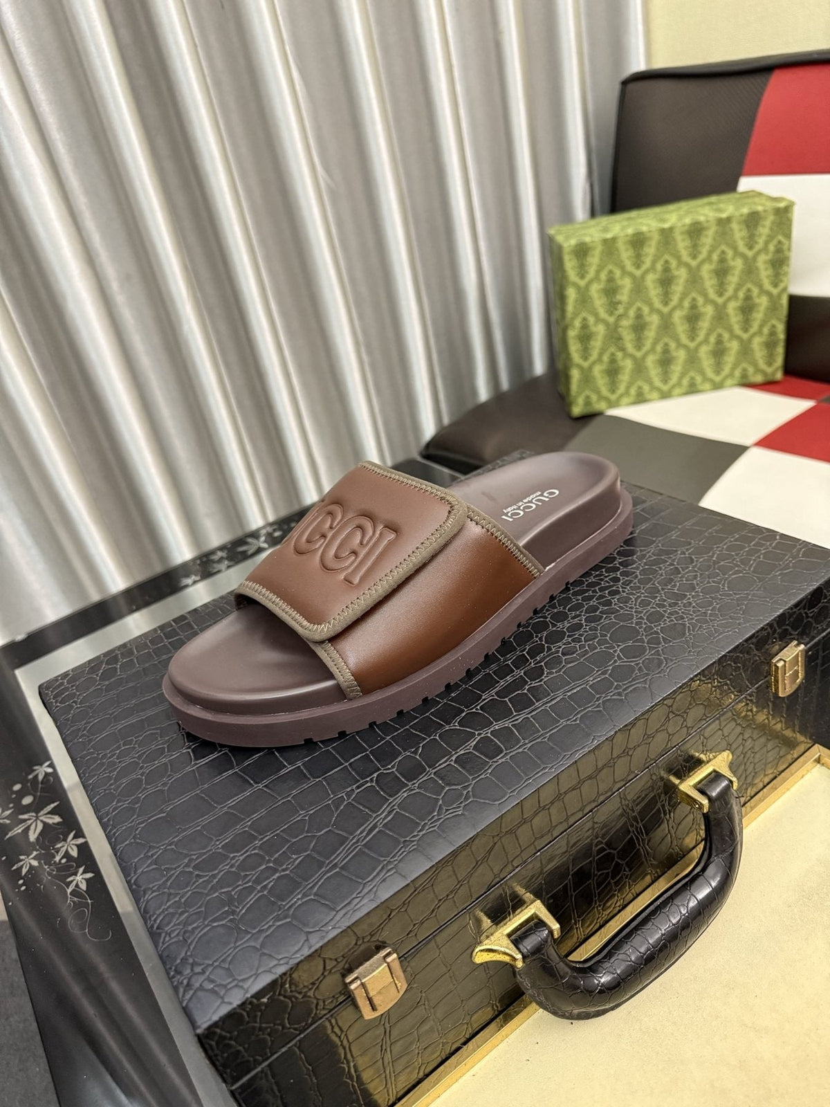 Gucci Embossed Strap Slide Sandals