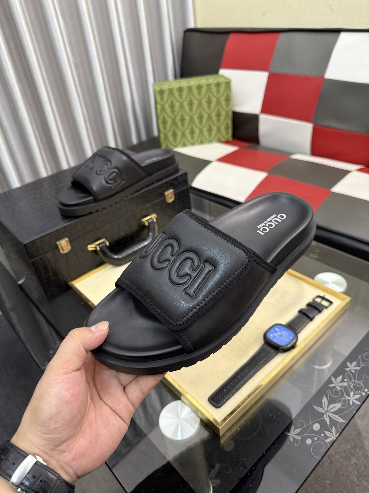 Gucci Embossed Strap Slide Sandals